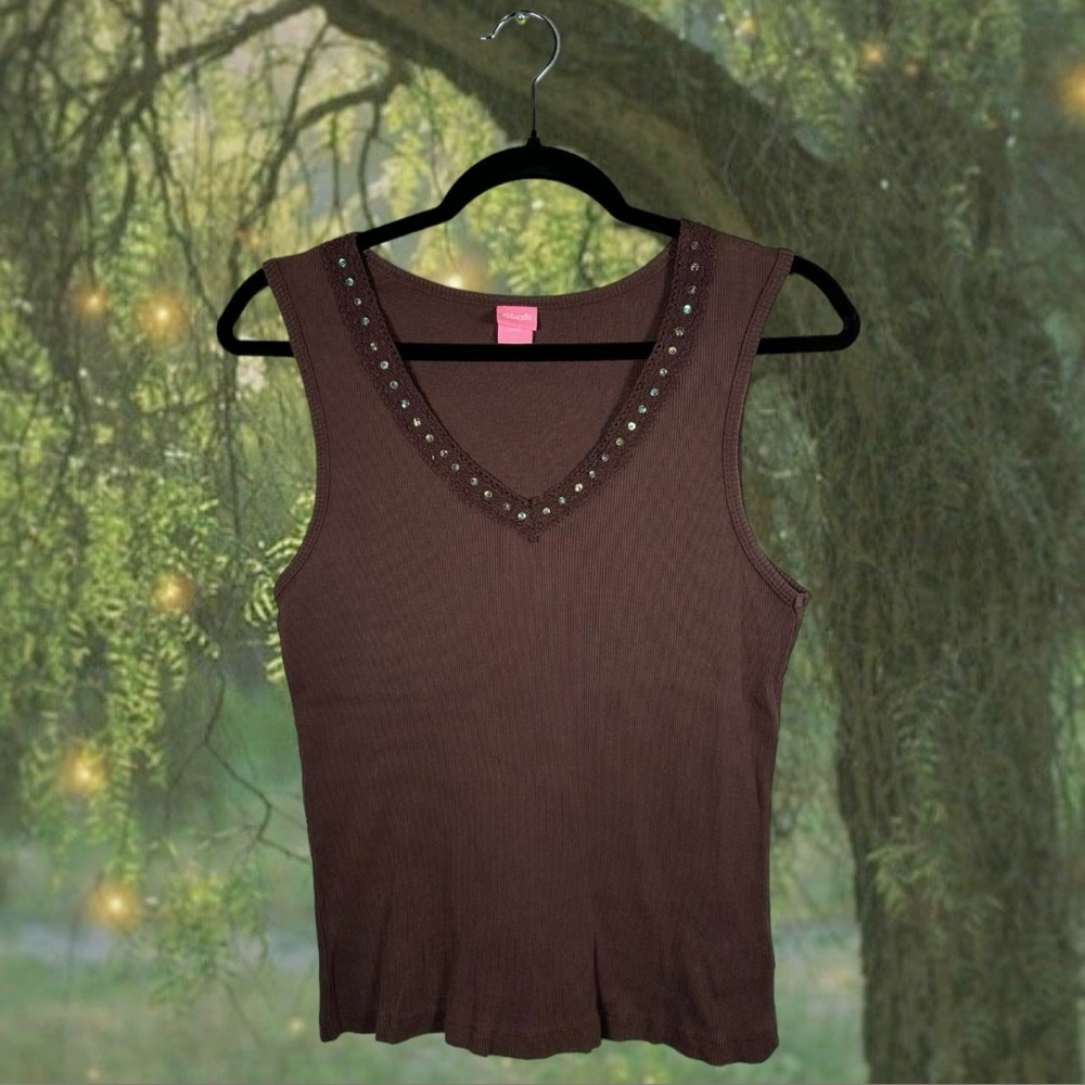 Y2K Fairy Rhinestone Brown V-Neck Tank Top